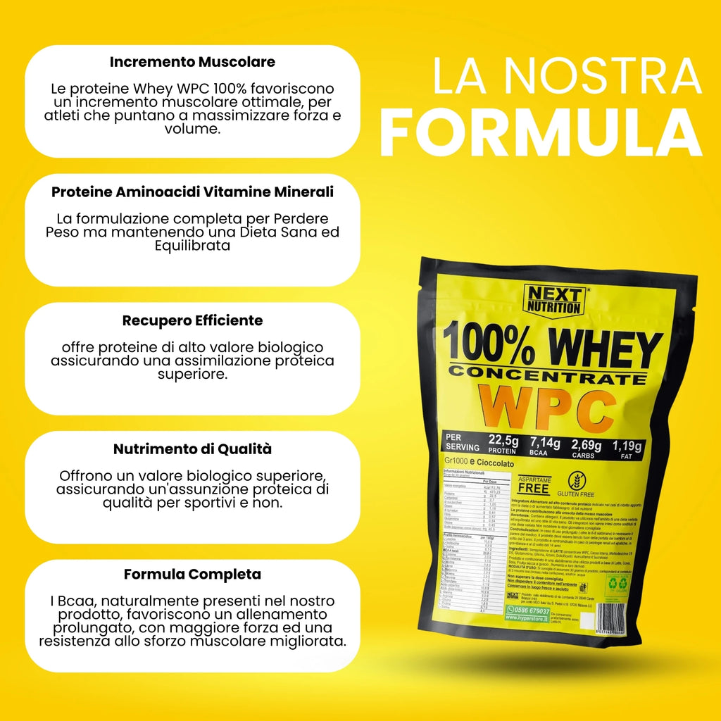 100% WHEY Protein WPC Next Nutrition | 1000 GR Cocoa | 22.5g Protein-7.42G BCAA X Dose | Milk Protein Serum | Increase and Recovery Muscle Mass | Protein Shake | Bodybuilding Supplements-Produte in Italy