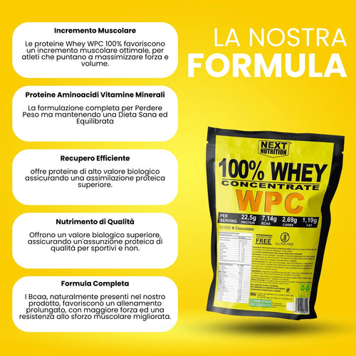 100% WHEY Protein WPC Next Nutrition | 1000 GR Cocoa | 22.5g Protein-7.42G BCAA X Dose | Milk Protein Serum | Increase and Recovery Muscle Mass | Protein Shake | Bodybuilding Supplements-Produte in Italy