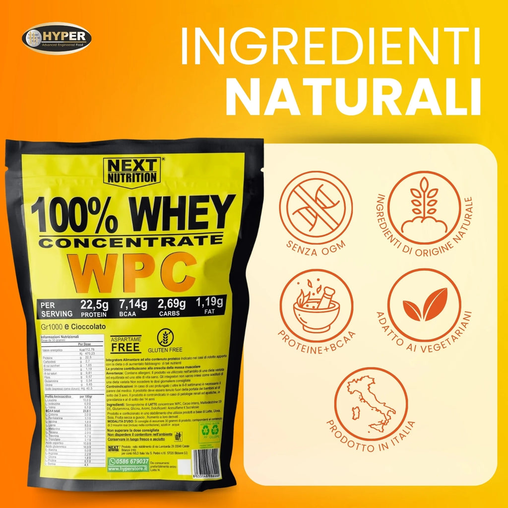 100% WHEY Protein WPC Next Nutrition | 1000 GR Cocoa | 22.5g Protein-7.42G BCAA X Dose | Milk Protein Serum | Increase and Recovery Muscle Mass | Protein Shake | Bodybuilding Supplements-Produte in Italy