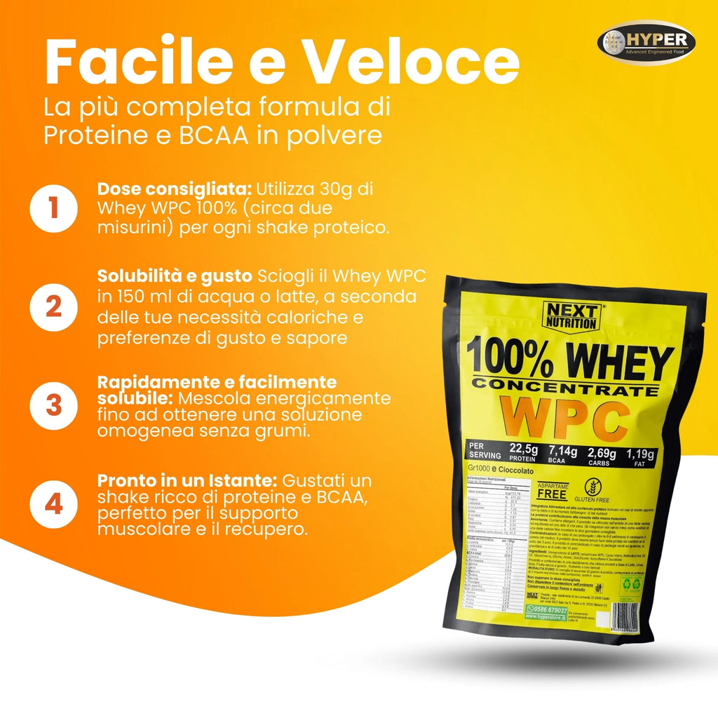 100% WHEY Protein WPC Next Nutrition | 1000 GR Cocoa | 22.5g Protein-7.42G BCAA X Dose | Milk Protein Serum | Increase and Recovery Muscle Mass | Protein Shake | Bodybuilding Supplements-Produte in Italy