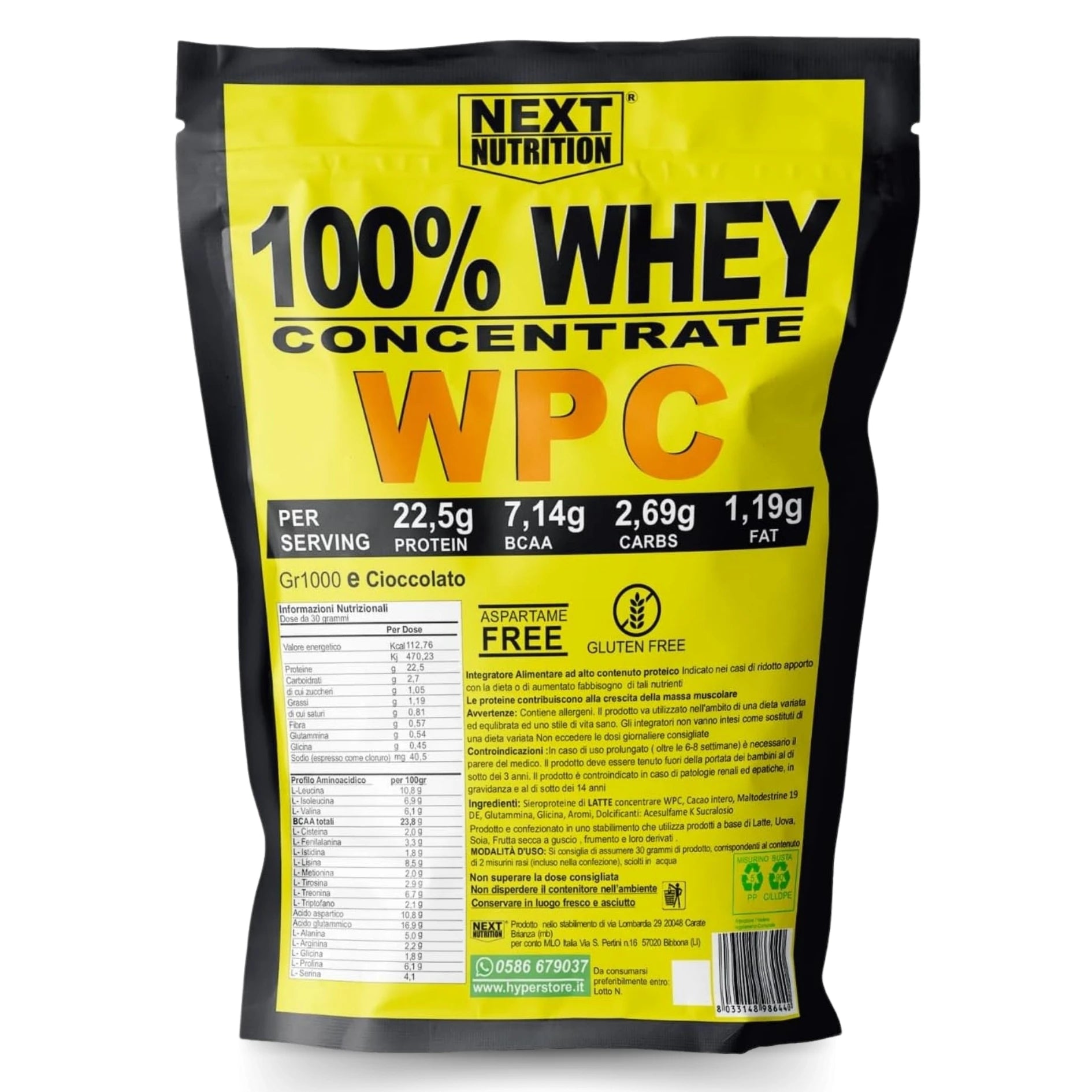 100% WHEY Protein WPC Next Nutrition | 1000 GR Cocoa | 22.5g Protein-7.42G BCAA X Dose | Milk Protein Serum | Increase and Recovery Muscle Mass | Protein Shake | Bodybuilding Supplements-Produte in Italy