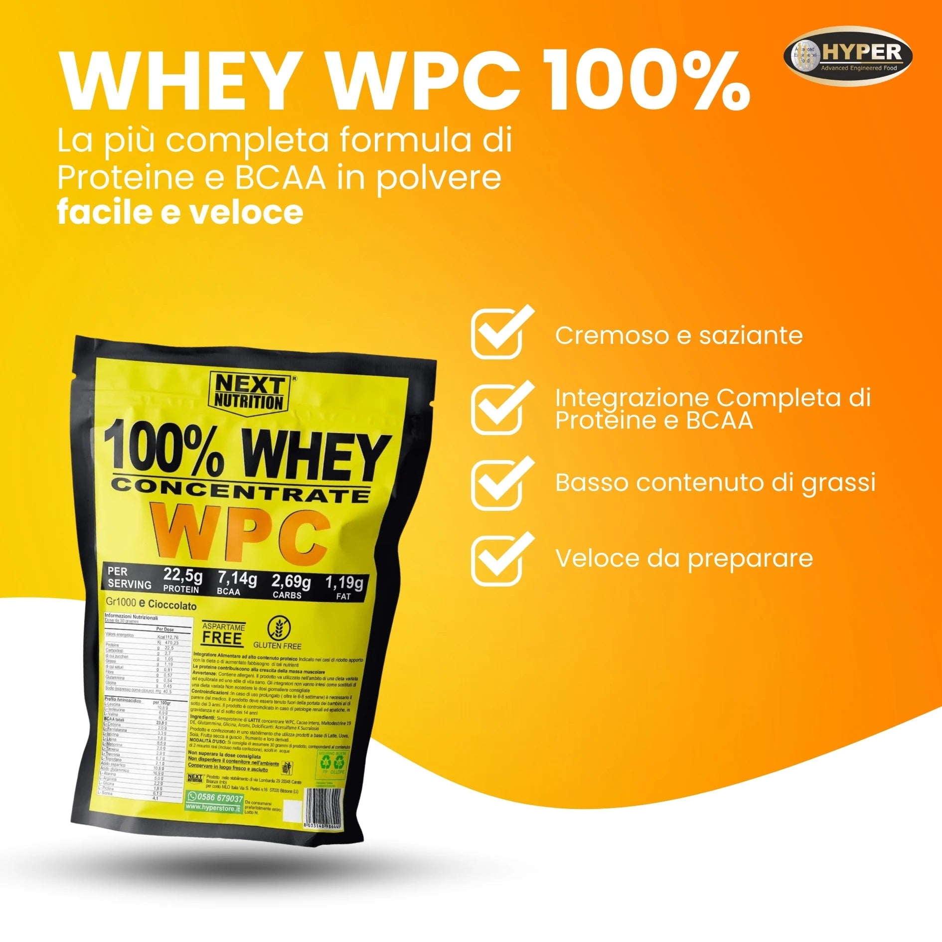 100% WHEY Protein WPC Next Nutrition | 1000 GR Cocoa | 22.5g Protein-7.42G BCAA X Dose | Milk Protein Serum | Increase and Recovery Muscle Mass | Protein Shake | Bodybuilding Supplements-Produte in Italy