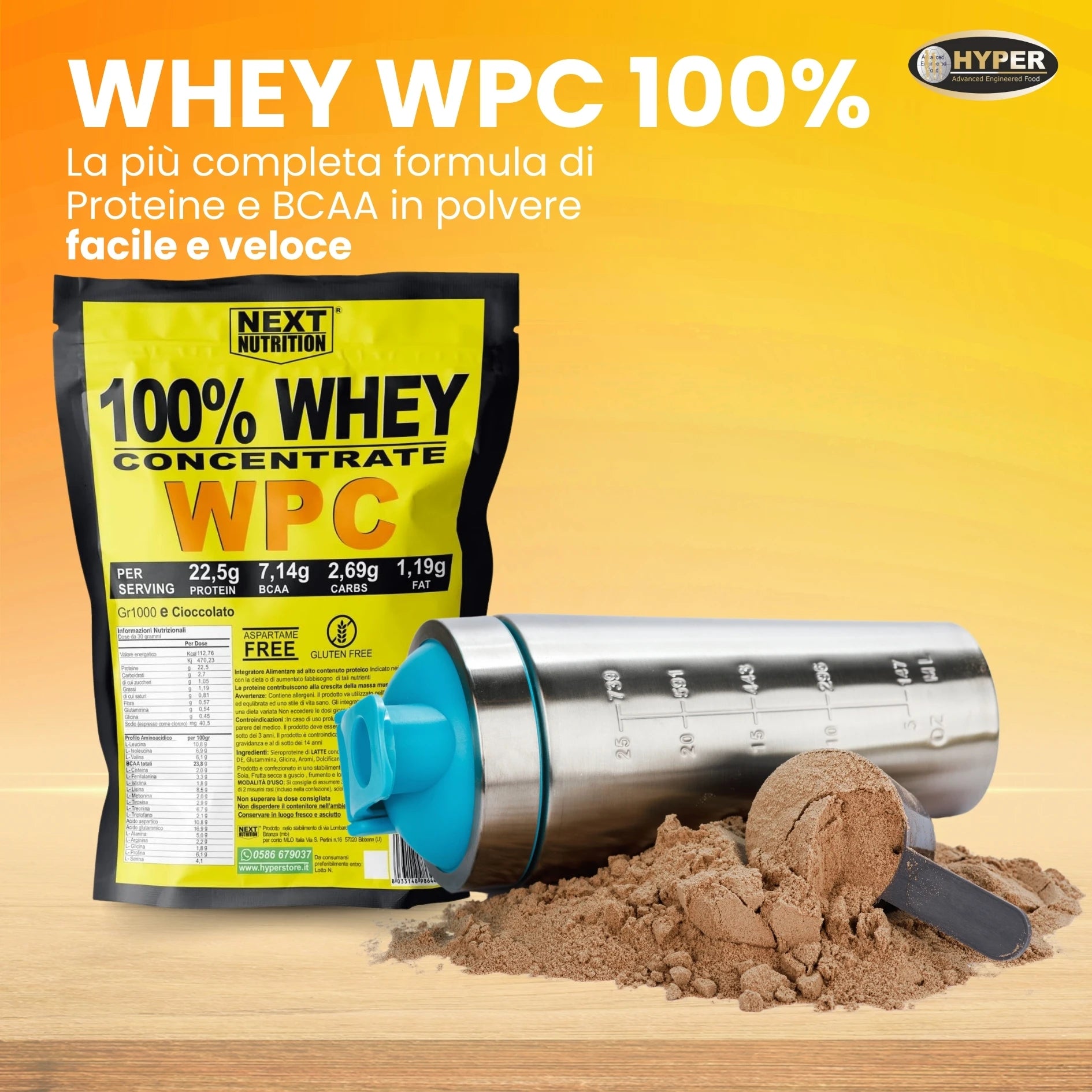 100% WHEY Protein WPC Next Nutrition | 1000 GR Cocoa | 22.5g Protein-7.42G BCAA X Dose | Milk Protein Serum | Increase and Recovery Muscle Mass | Protein Shake | Bodybuilding Supplements-Produte in Italy
