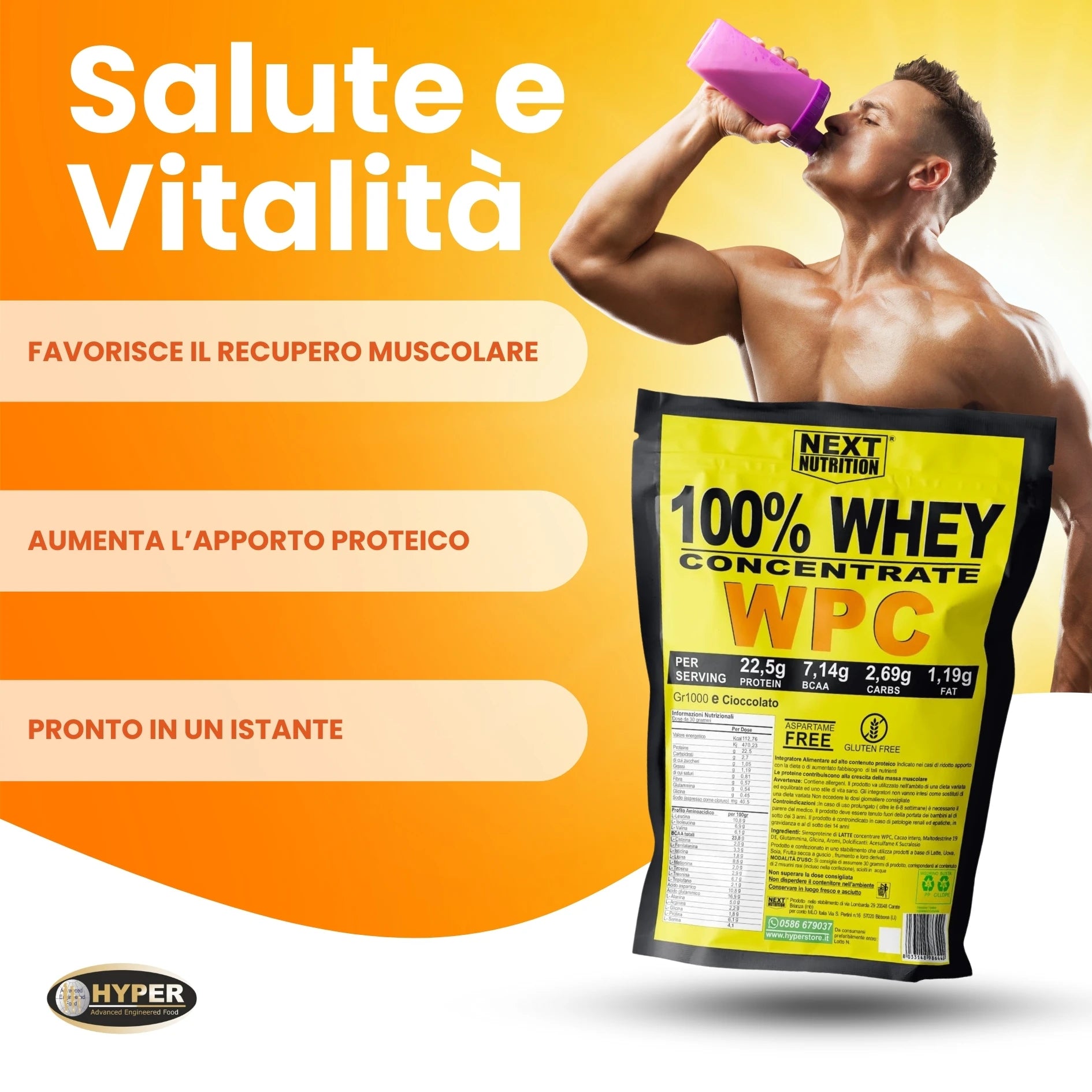 100% WHEY Protein WPC Next Nutrition | 1000 GR Cocoa | 22.5g Protein-7.42G BCAA X Dose | Milk Protein Serum | Increase and Recovery Muscle Mass | Protein Shake | Bodybuilding Supplements-Produte in Italy
