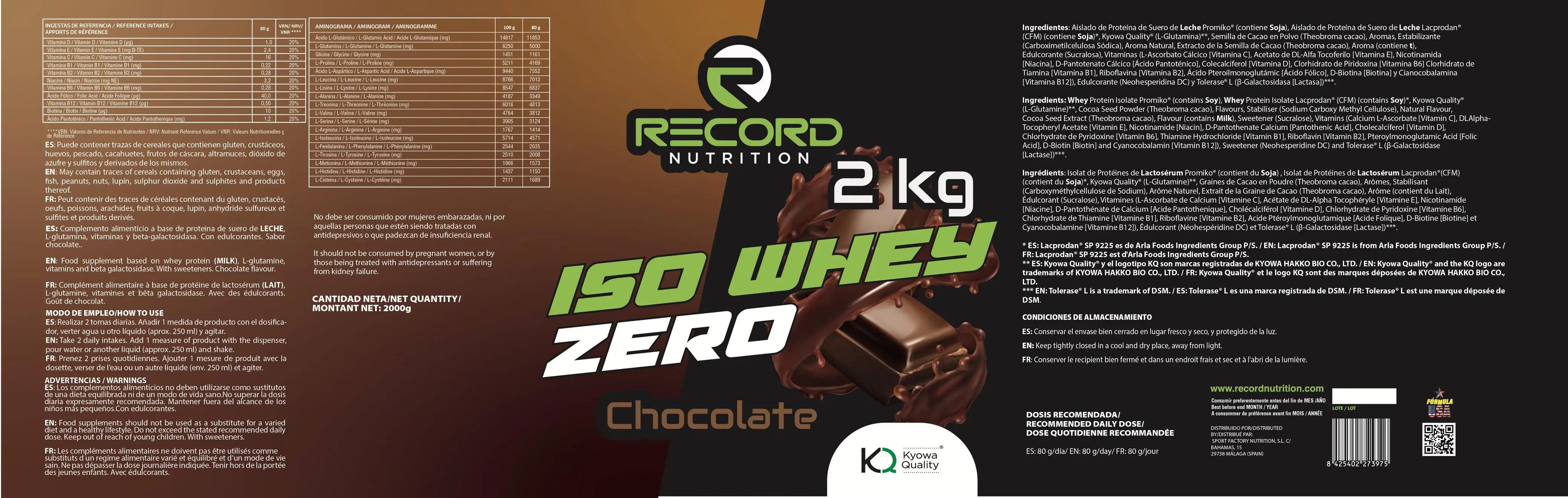 Iso whey zero proteins 2kg chocolate flavor from record nutrition whey protein isolate, low lactose, sugar-free, with added bcaa and glutamine