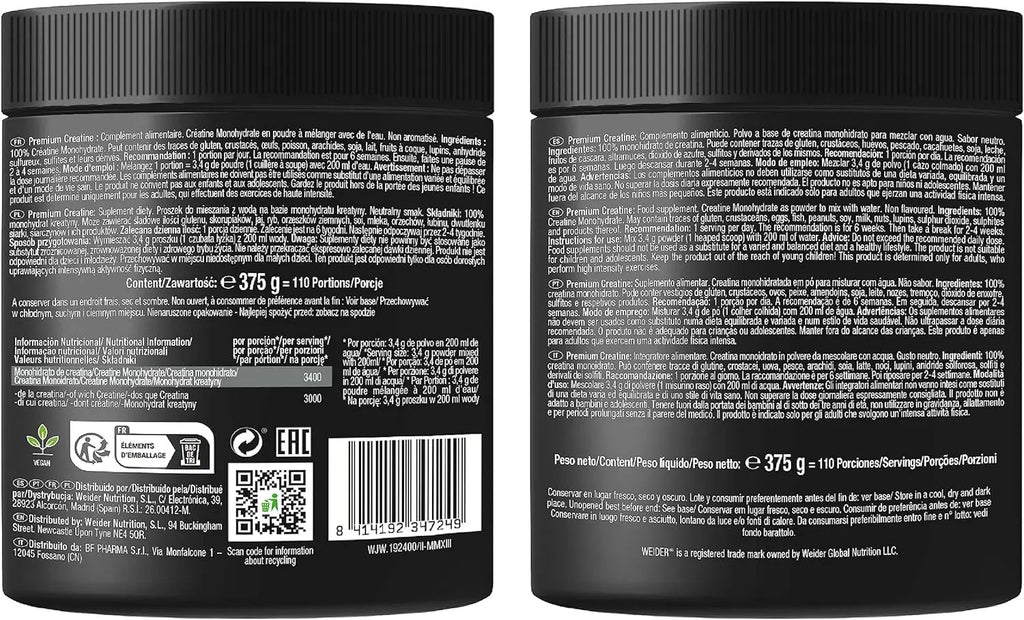 Weider premium creatine 375gr neutral flavor, 100% creapure creatine monohydrate, sugar free, vegan, increased fitness (110 servings)