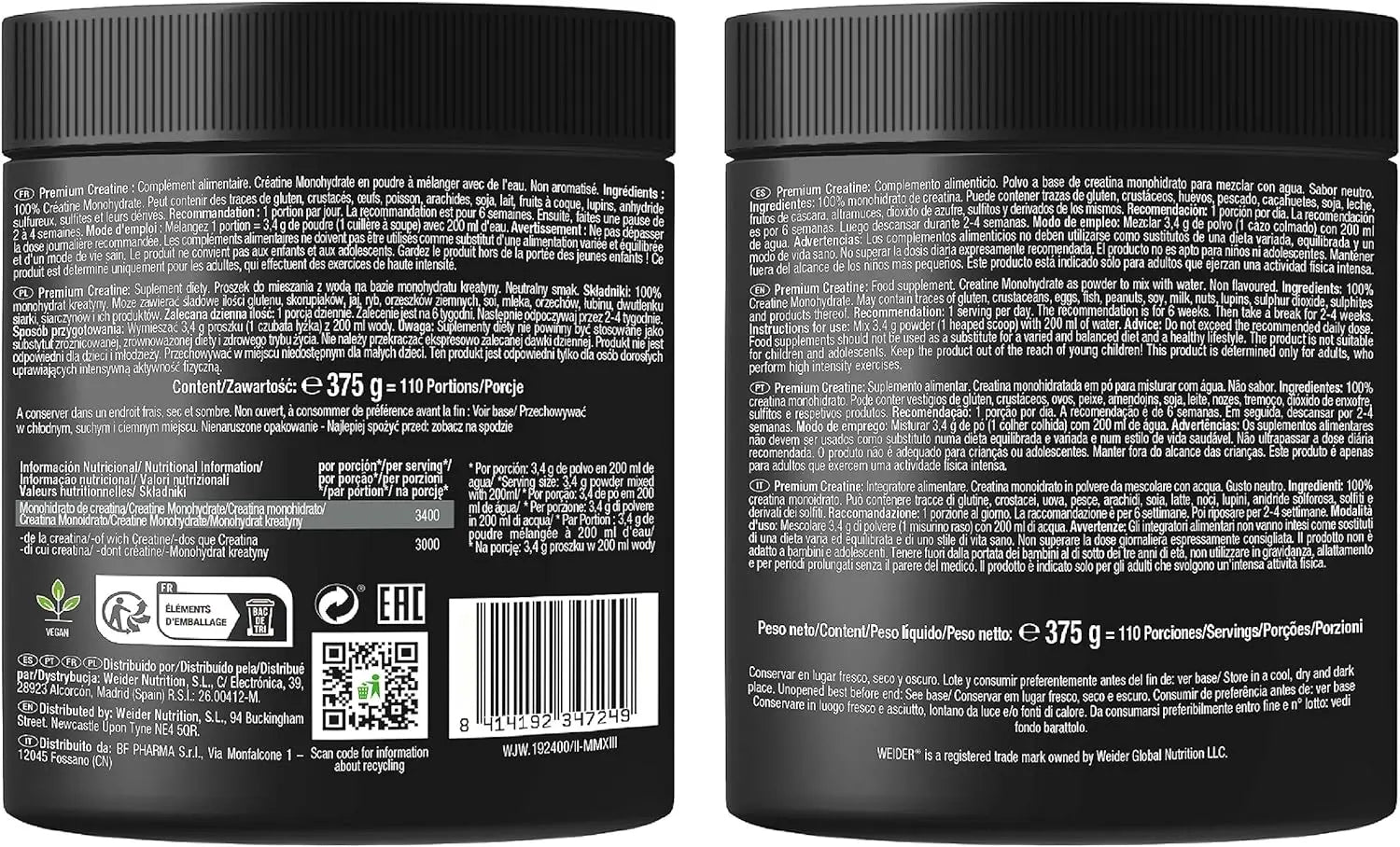 Weider premium creatine 375gr neutral flavor, 100% creapure creatine monohydrate, sugar free, vegan, increased fitness (110 servings)