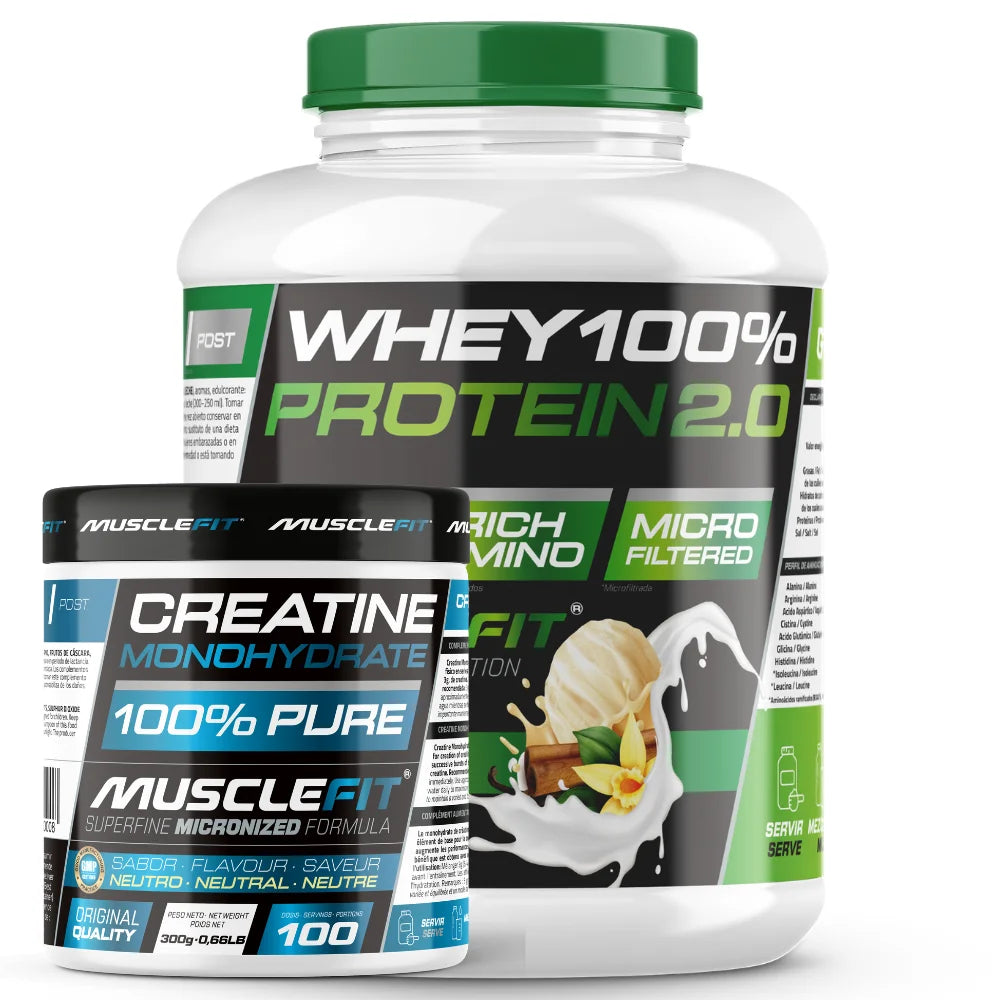Pack whey 100% protein 2000g + creatine 300g musclefit / musclevip muscle augmentation