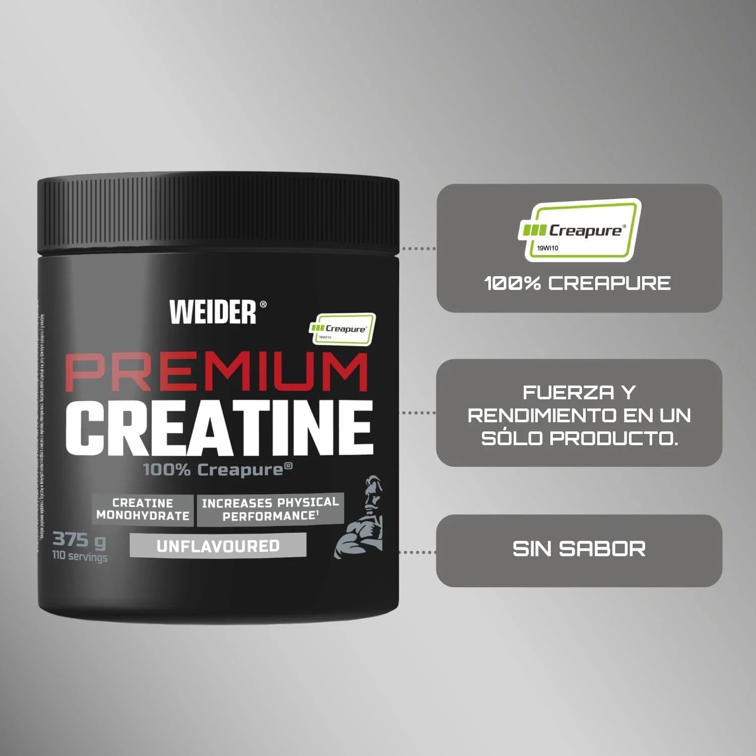 Weider premium creatine 375gr neutral flavor, 100% creapure creatine monohydrate, sugar free, vegan, increased fitness (110 servings)