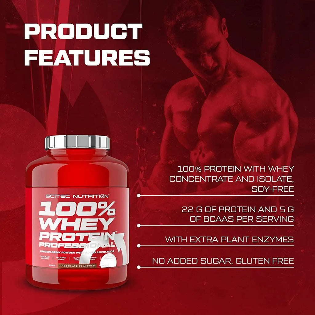 Scitec nutrition 100% whey protein professional 2,350 kg - biphasic protein matrix (isolated and concentrated) - enriched with endopeptidases (papain and bromelain) - prolonged activation of mps - fortified amino acid profile