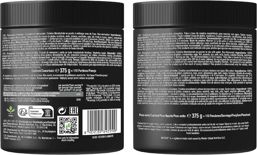 Weider premium creatine 375gr neutral flavor, 100% creapure creatine monohydrate, sugar free, vegan, increased fitness (110 servings)
