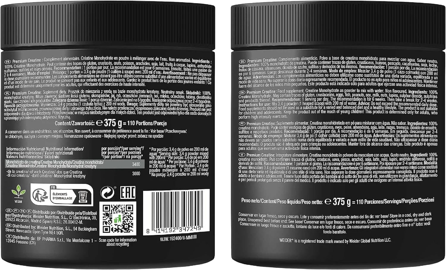 Weider premium creatine 375gr neutral flavor, 100% creapure creatine monohydrate, sugar free, vegan, increased fitness (110 servings)