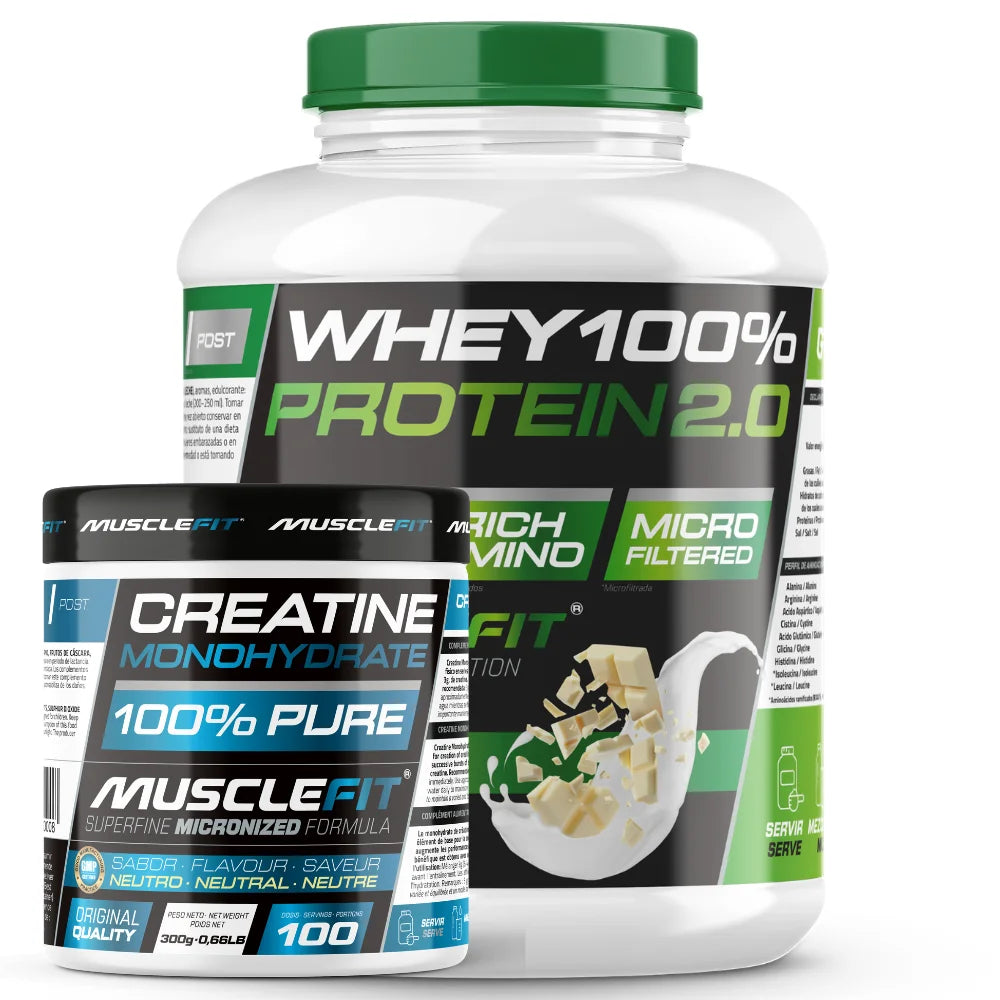 Pack whey 100% protein 2000g + creatine 300g musclefit / musclevip muscle augmentation
