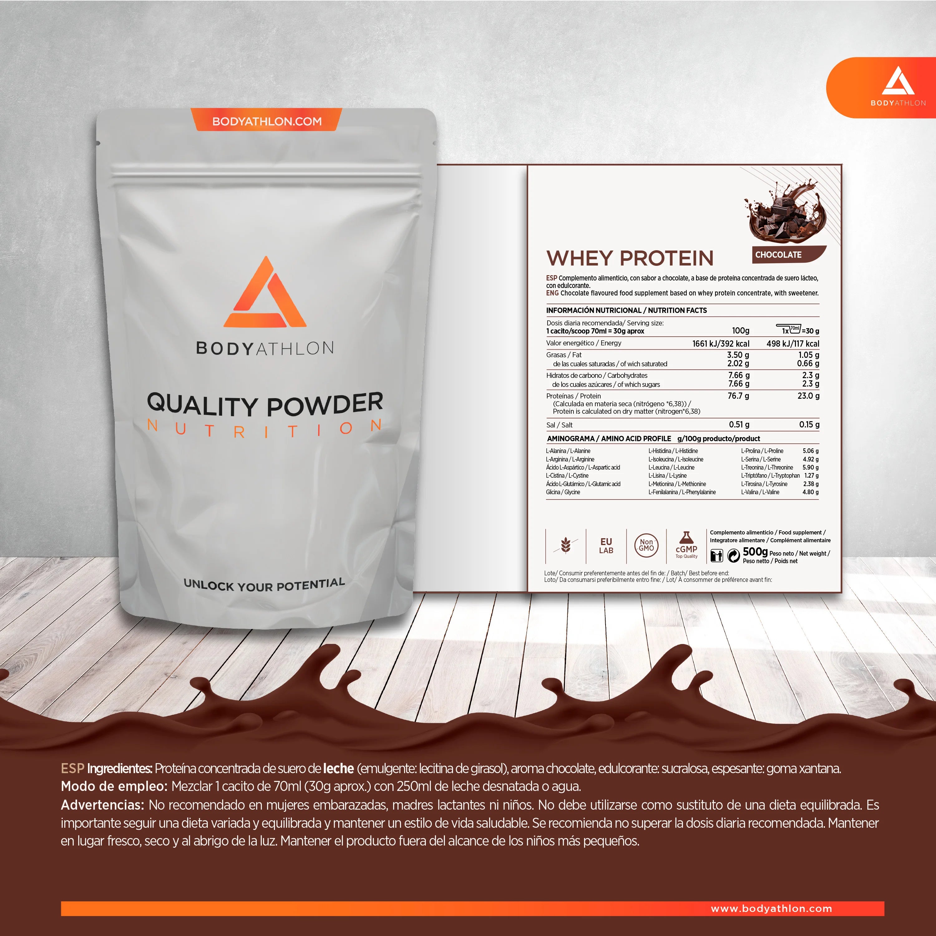 Whey protein chocolate– chocolate protein powder- protein to gain muscle mass– whey protein- protein for muscle mass- no soy lecithin- suitable for vegetarians- bodyathlon
