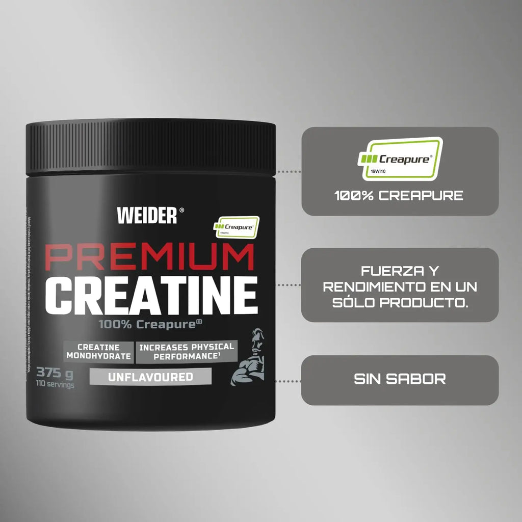 Weider premium creatine 375gr neutral flavor, 100% creapure creatine monohydrate, sugar free, vegan, increased fitness (110 servings)