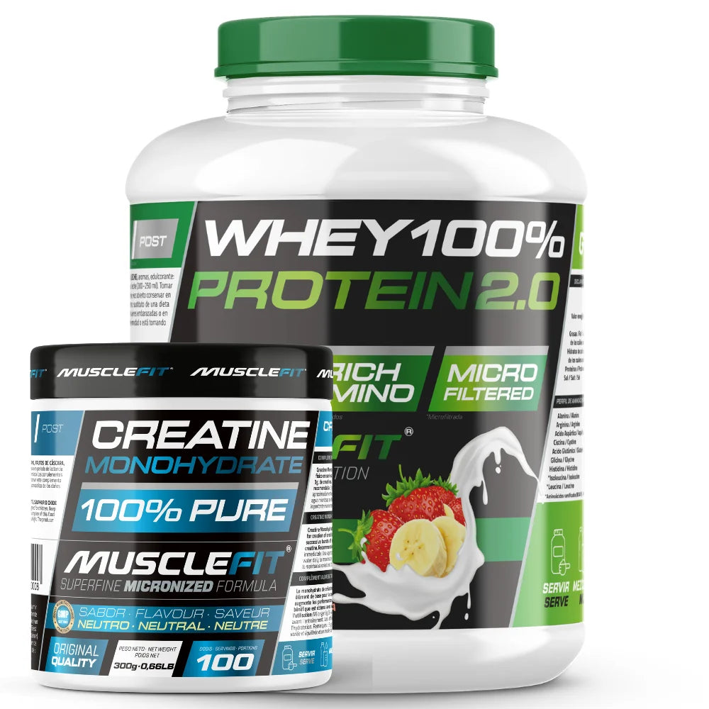 Pack whey 100% protein 2000g + creatine 300g musclefit / musclevip muscle augmentation
